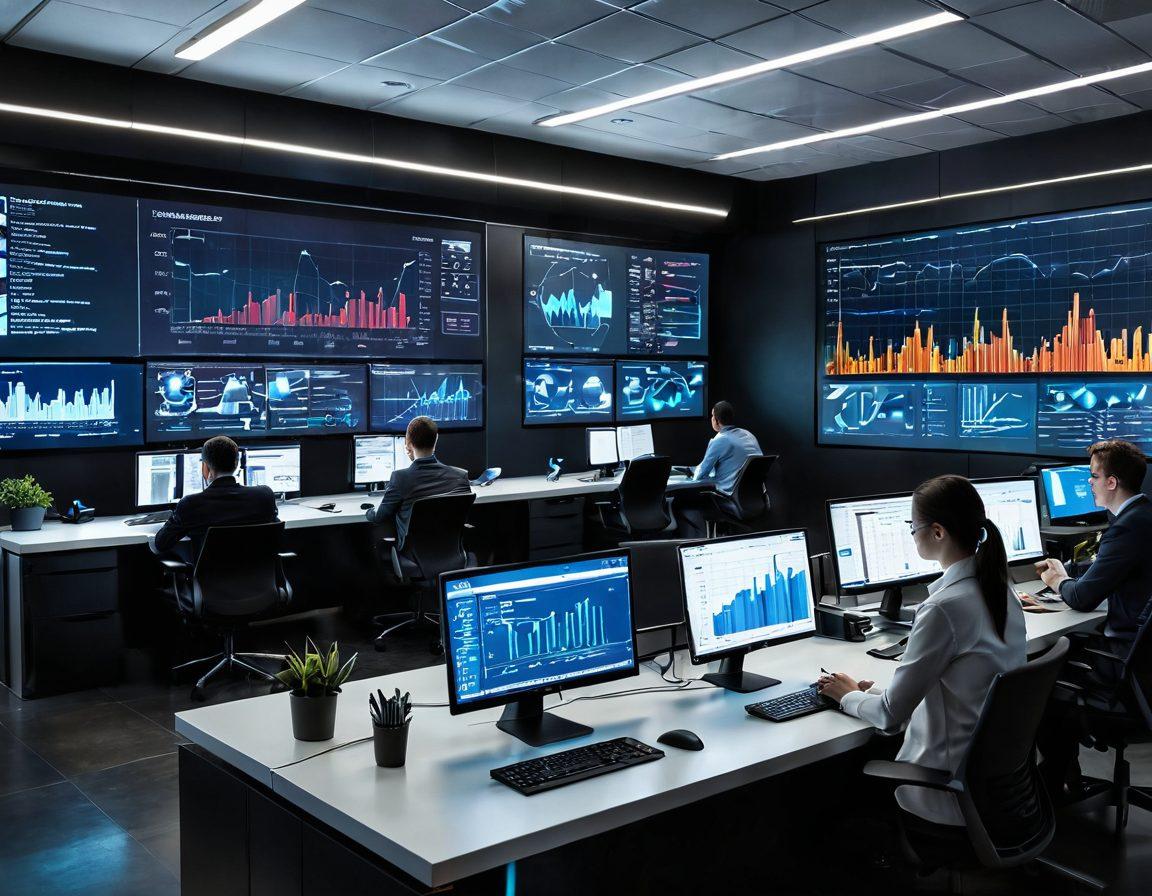 A modern office environment showcasing diverse professionals engaged in collaborative data management discussions, illuminated by futuristic screens displaying complex data visualizations. The scene should exude a sense of innovation with elements like graphs, charts, and digital devices in a smart workspace. Infuse the space with vibrant colors and a touch of technology to emphasize the role of data in driving business solutions. super-realistic. vibrant colors. 3D.