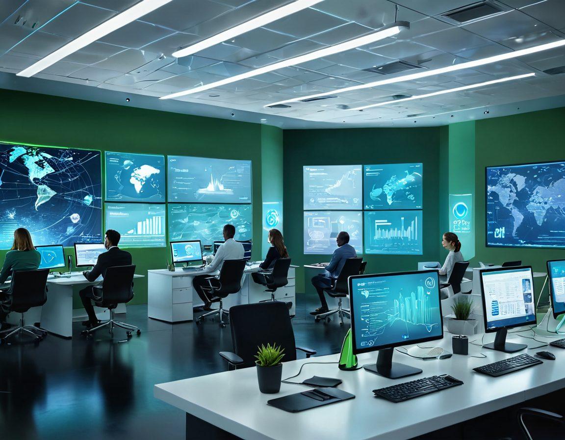 A futuristic office environment showcasing diverse professionals collaborating around digital devices displaying advanced network technologies. Visual elements like holograms, infographics, and flowing data streams emphasize innovation and connectivity. Soft blue and green tones create a high-tech atmosphere, illustrating empowerment through technology. vibrant colors. 3D.