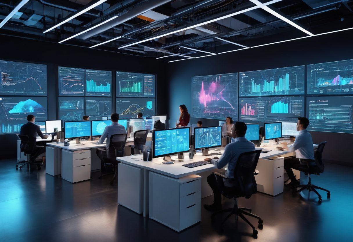 A dynamic visual representation of a modern office setting where a diverse team of professionals is collaboratively working on software development, surrounded by screens displaying data analytics and coding. Incorporate futuristic elements like holographic graphs and digital interfaces, symbolizing innovation and technology. Bright and engaging colors to evoke a sense of energy and transformation. super-realistic. vibrant colors.